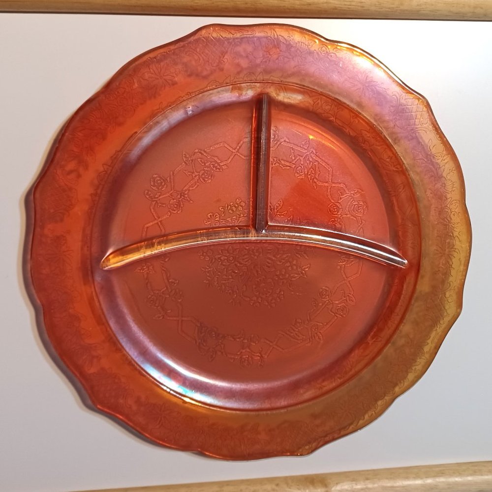 Vintage Marigold Orange Divided Glass Plate With Iridescent Coating.